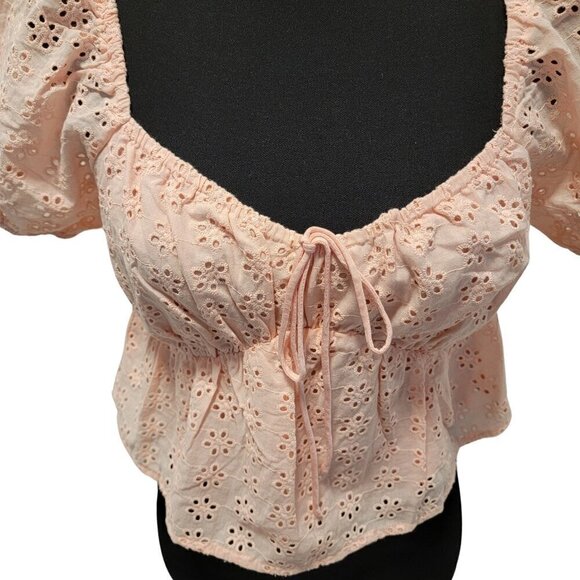 Heatherly Pastel Peach Eyelit Blouson Penelope Crop Top Size M - Picture 2 of 15